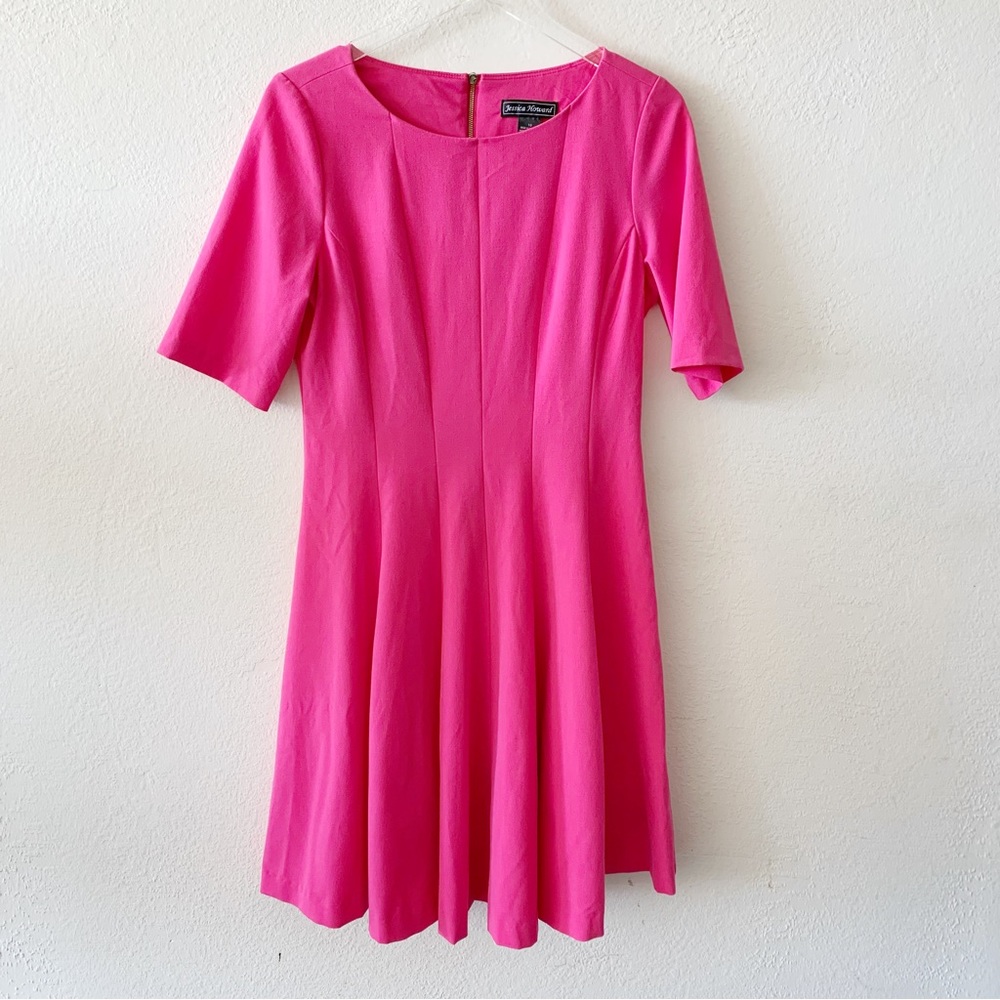 Jessica Howard Hot Pink Barbie Work Career Sleeves Fit Flare Women's Dress 10